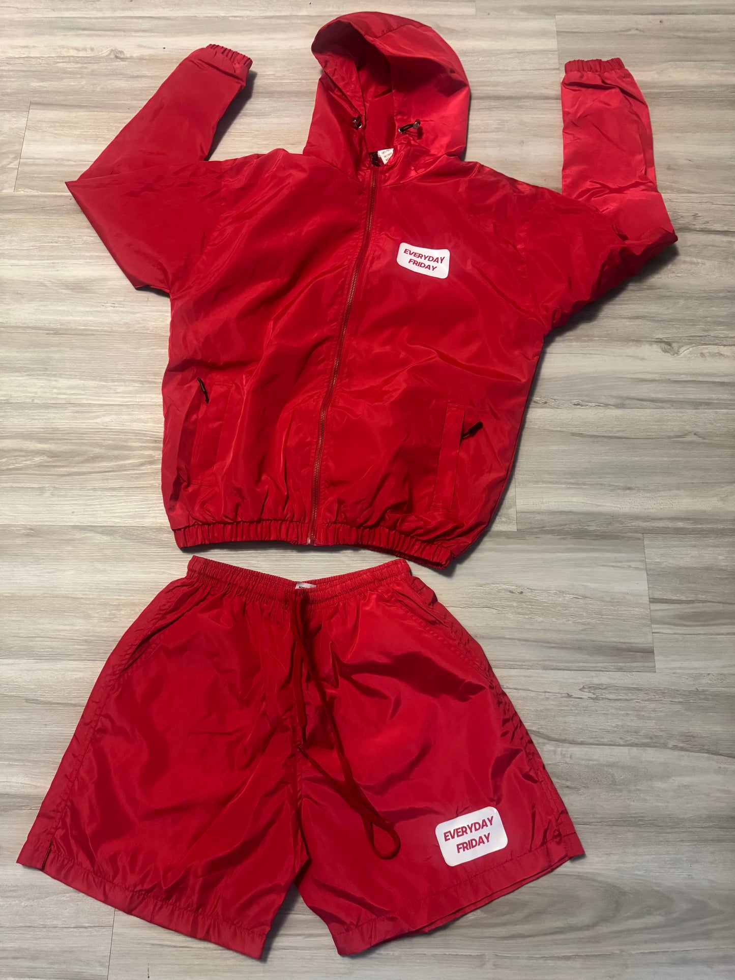 Red Reflective Windbreaker Short Set
